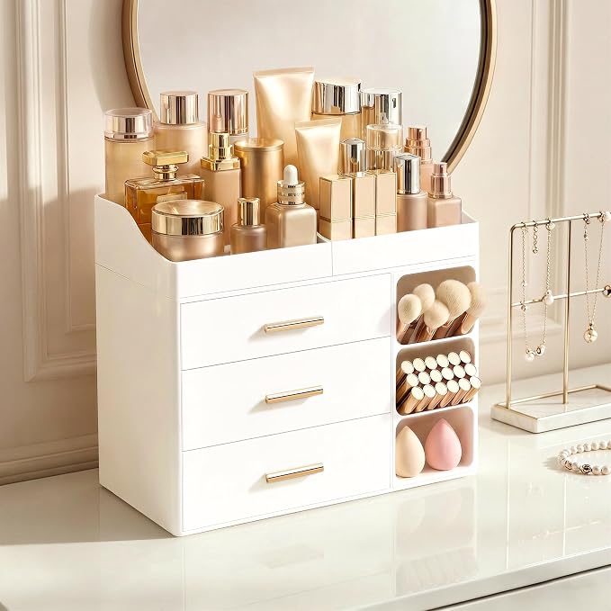 HBlife Makeup Organizer Countertop with Brush Holder,Large Bathroom Counter Organizer with Drawers,Skincare Organizers for Vanity,Plastic Dresser Organizer Storage Gift for Women Girl Mom,All White