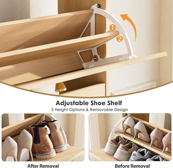 Nicetree Shoe Cabinet with 2 Flip Drawers, Narrow Shoe Organizer Cabinet, Freestanding Shoe Rack Cabinet, Modern Shoe Storage Cabinet for Entryway, Hallway, Foyer Natural Oak with Hook