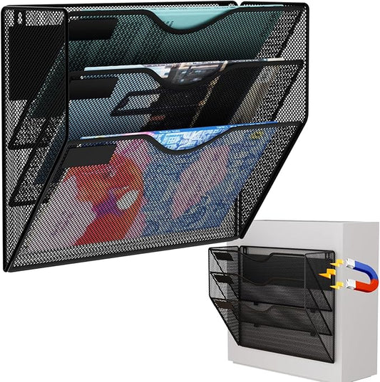 3-Tier Magnetic File Holder, No Drilling Wall File Organizer, File Folder Bins, Mail & Magazine Rack, Magnetic Paper Document Holder for Refrigerator File Cabinets Whiteboard, Black
