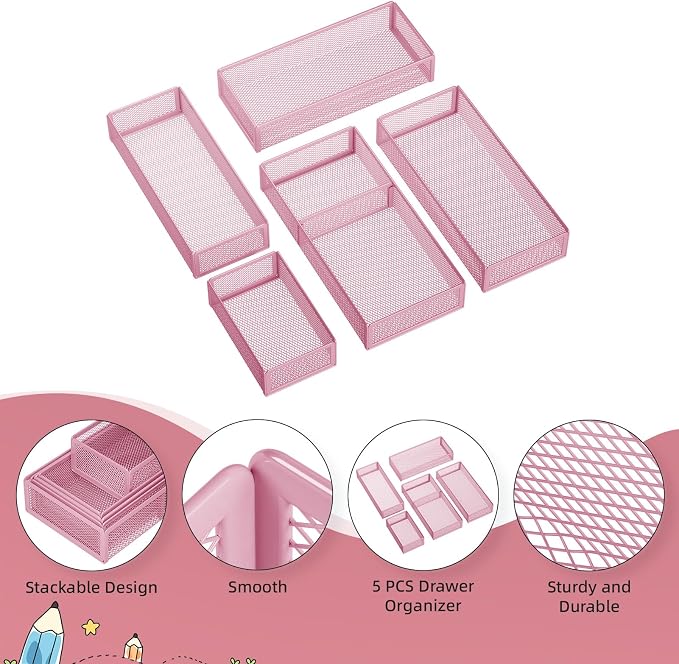 Marbrasse 5 Pack Desk Drawer Organizer Set, Mesh Drawer Storage Trays with 1 Adjustable Divider, Desk Organizers and Accessories, 5 PCS Drawer for Office Supplies, Makeup & Vanity (Pink)