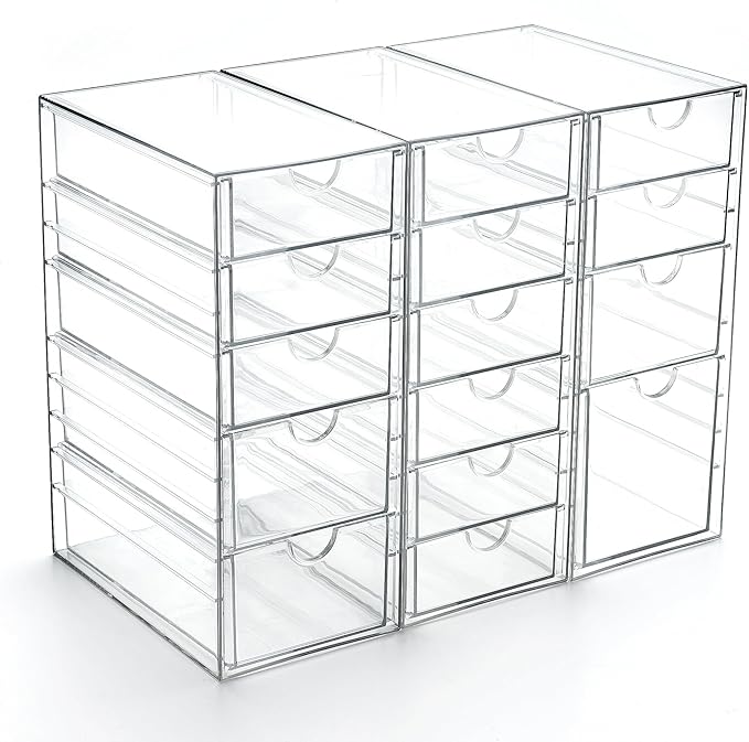Prsildan 15 Drawers Teacher Toolbox Acrylic Containers, Set of 3 | Clear, Pens Markers Stickers Hardware Storage, Office Desk Kitchen Cabinet Garage Organizer