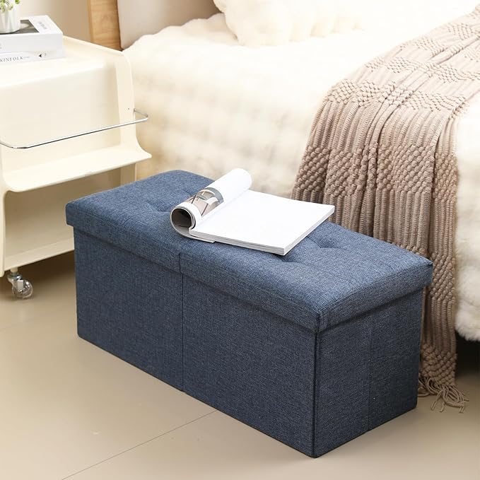Storage Ottoman Bench Foldable Seat Footrest Shoe Bench End of Bed Storage with Flipping Lid, 75L Storage Space, 30 inches Linen Fabric Navy