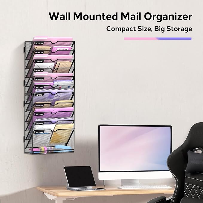 12-Tier Wall File Organizer with Base, Wall Mounted File Holder | Vertical Hanging File Organizer with Open Compartments and Label Holders for Mail, Folders and Paperwork at Home or Work