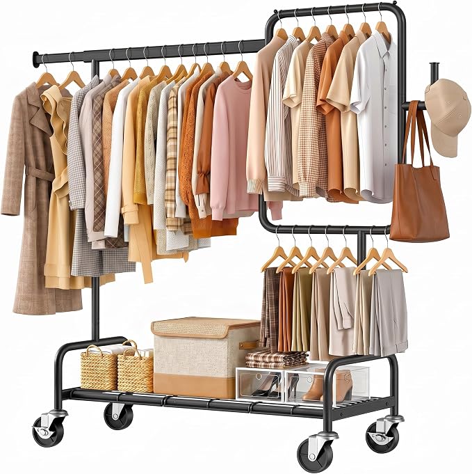 SOLEDI Heavy Duty Partitioned Clothes Rack, 600 LBS Load Metal Garment Rack with Shelves & Lockable Wheels, Rolling Hanging Rack for Bedroom, Laundry Room, Store & Garage (Black)