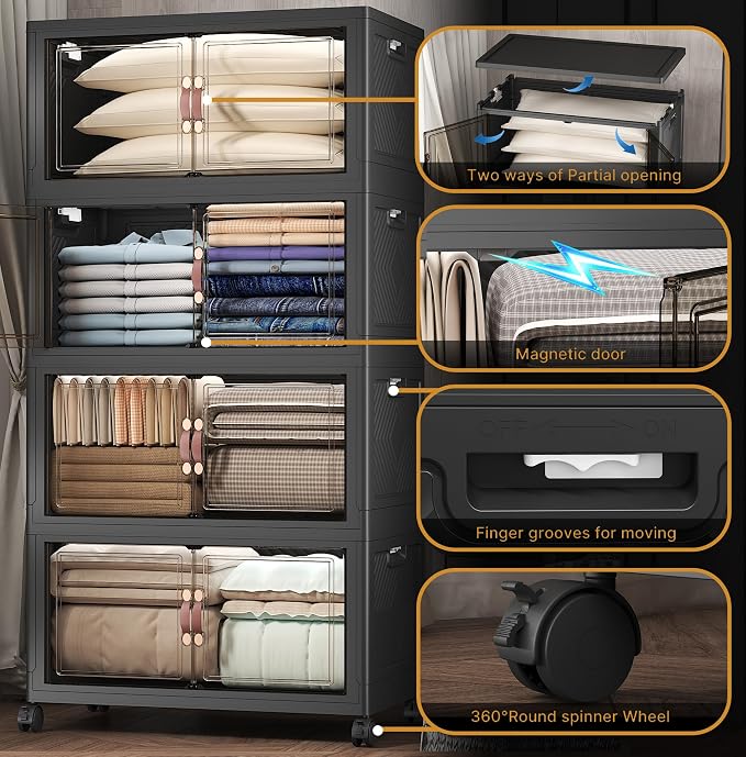 Stackable Storage Bins with Lids, 672QT Closet Organizers and Storage Cabinet with Doors & Wheels, Lockable Plastic Foldable Drawers for Bedroom Dorm Office Garage（168QT*4,Black）