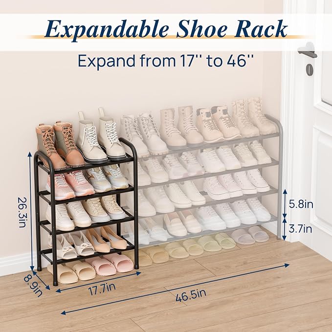 ENJOYBASICS 4 Tier Expandable Shoe Rack for Closet, Small Metal Shoe Organizer, 24 Pairs, Black