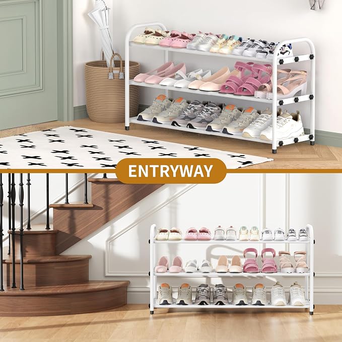 Hleelomi 3-Tier Metal Expandable Shoe Rack for Closet and Entryway, White | Adjustable Shoe Organizer for Closet,Living Room,Dorm,Garage,Fits Small Spaces, Apartments and Rentals