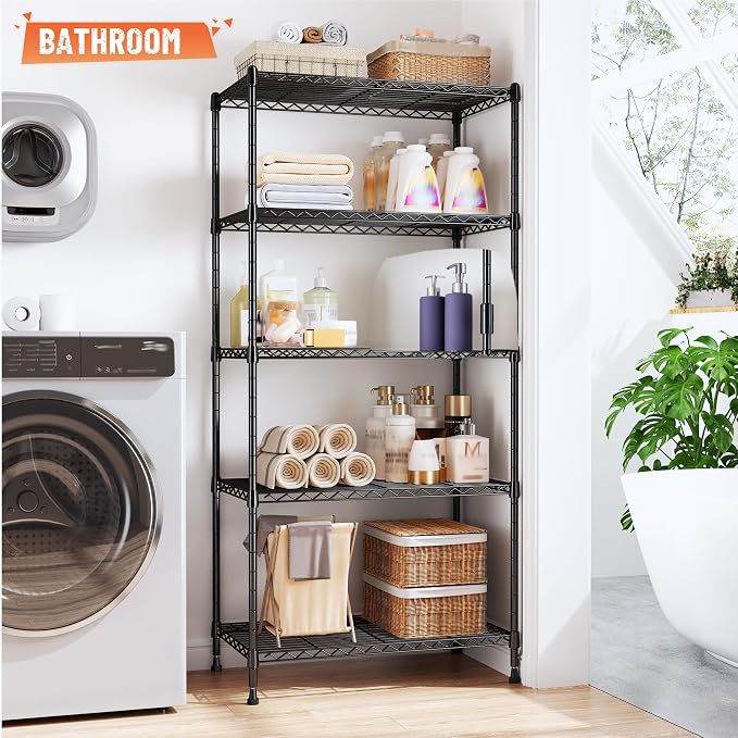 Romorgniz 5-Tier Shelf 1010LBS Storage Shelves Adjustable Wire Shelving,Tool-Free Assembly,Metal Shelving Unit for Kitchen Pantry Closet Laundry Bathroom 59" Hx21.7 Wx13.8 D,Black,3P
