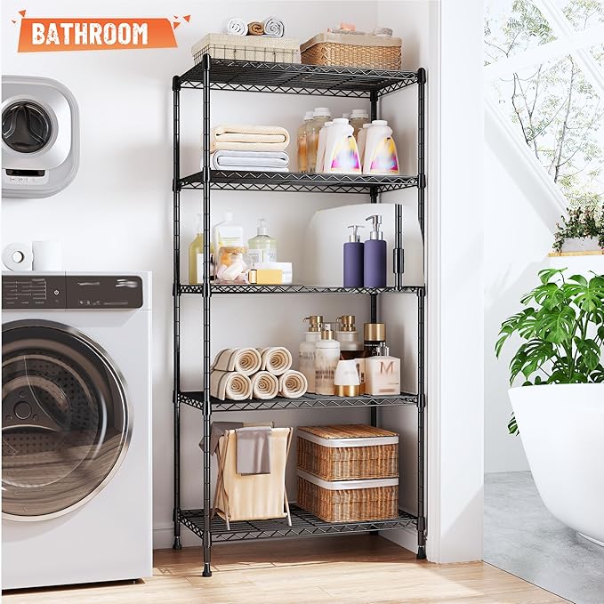 Romorgniz 5-Tier Shelf 1010LBS Storage Shelves Tool-Free Assembly,Adjustable Metal Shelving,Wire Shelving Unit for Kitchen Pantry Closet Laundry Bathroom,Black,4P