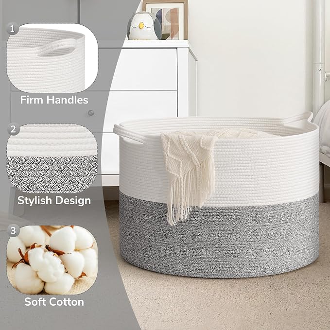 Goodpick Extra Large Woven Blanket Basket Living Room, Toy Bin,115L | 23.5 x 23.5 x 15.8 In Toy Storage Basket for Nursery, Blanket Basket for Living room, Laundry Basket, Light & Grey