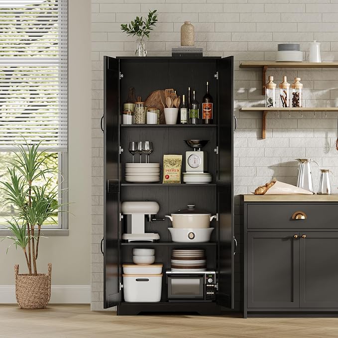 Garvee Tall Pantry Cabinet, 60" Kitchen Storage Cabinet with 2 Doors & Adjustable Shelves, Freestanding Wooden Cupboard for Bathroom，Dining Room, Living Room, Black | Kitchen Storage Cabinet with 2 Doors & Adjustable Shelves, Wooden Cupboard for Bathro...