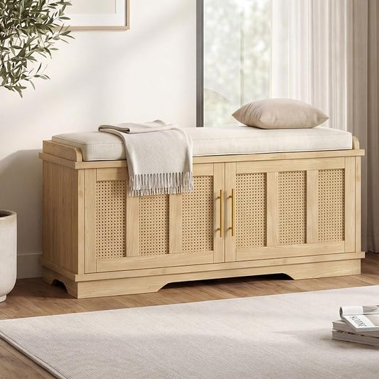 Heybly Shoe Cabinet with Bench, Rattan Storage Bench with Cushion, HSB001N | Entryway Shoe Storage Bench with 2 Doors, Adjustable Shelves, 31.5" Wooden Shoe Bench for Living Room, Hallway, Natural