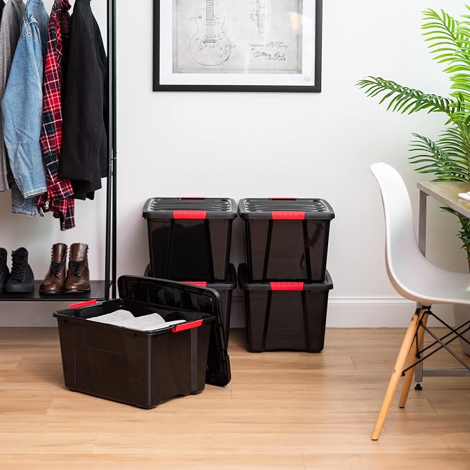 IRIS USA 4-Pack 40 Quart Storage Bins with Lids, Black | Black finish conceals stored items. Perfect for moving, blankets, clothing, and garage storage. Nestable design saves space