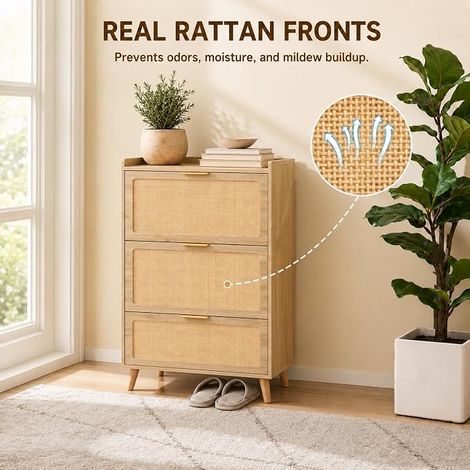 Shoe Cabinet, Rattan Shoe Storage Cabinet for Entryway with Flip Drawers | 3 Flip Drawers, Breathable Rattan, Odor Resistant, Hidden Shoe Organizer, Slim Space Saving, Narrow Cabinet, Entryway Storage
