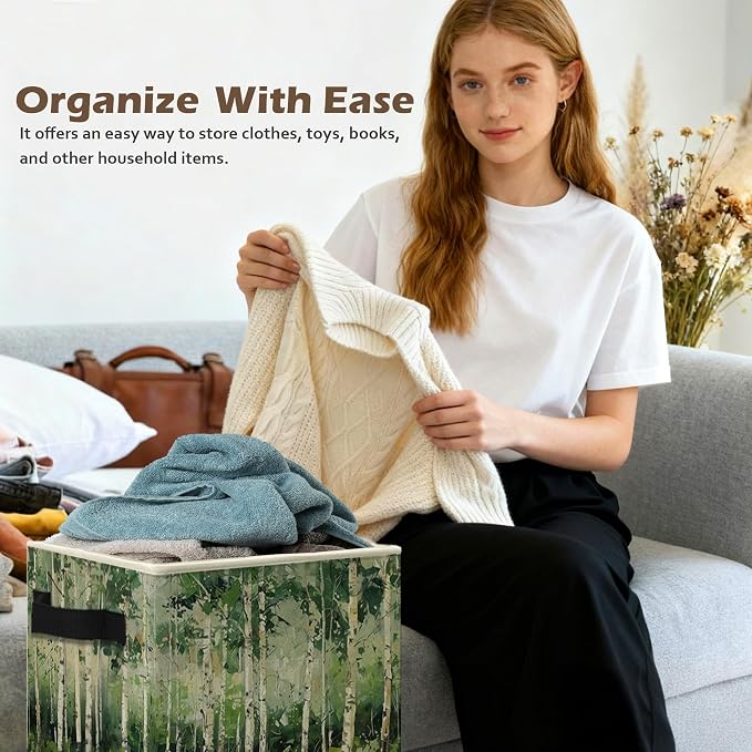 Modern Abstract Birch Tree Storage Box Bins, Green Forest Nature Landscape Collapsible Storage Basket Organizer for Bedroom Laundry Room Home Clothes Books, Decor for Room