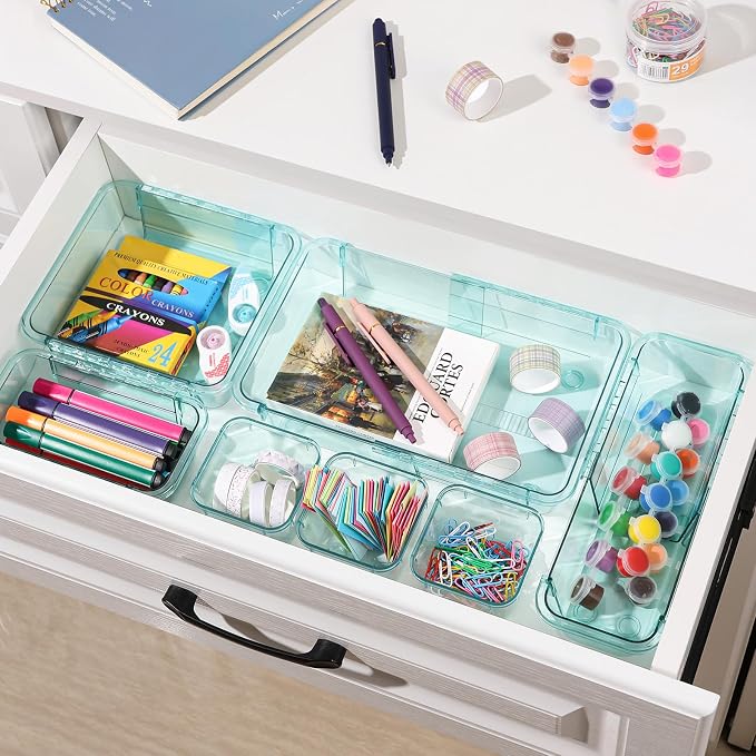 25 Pcs Clear Drawer Organizer, Adjustable Drawer Storage Box, 3-Size Desk Drawer Organizer, Acrylic Storage Bins for Makeup, Kitchen Utensils, Bedroom Dressers Tool Organizer for Gadgets, Blue