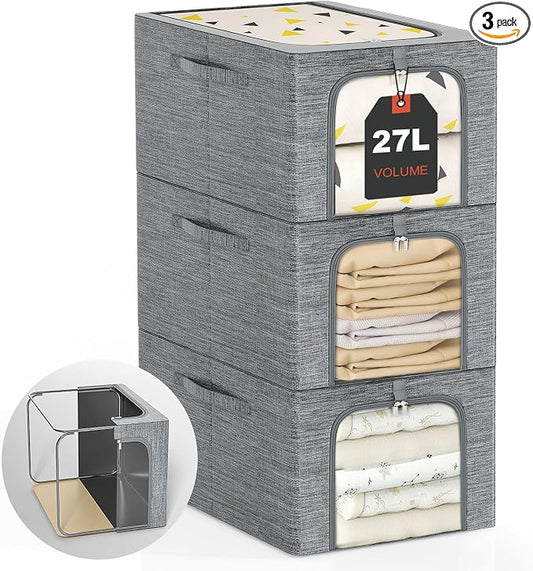 GoMaihe Baby Clothes Storage Bins with Metal Frame 27L 3-Pack Grey | Kids Toddler Child Clothing & Towels Small Items, Closet Top Shelf Boxes, Collapse-Proof Stackable, Clear Window Dual Access