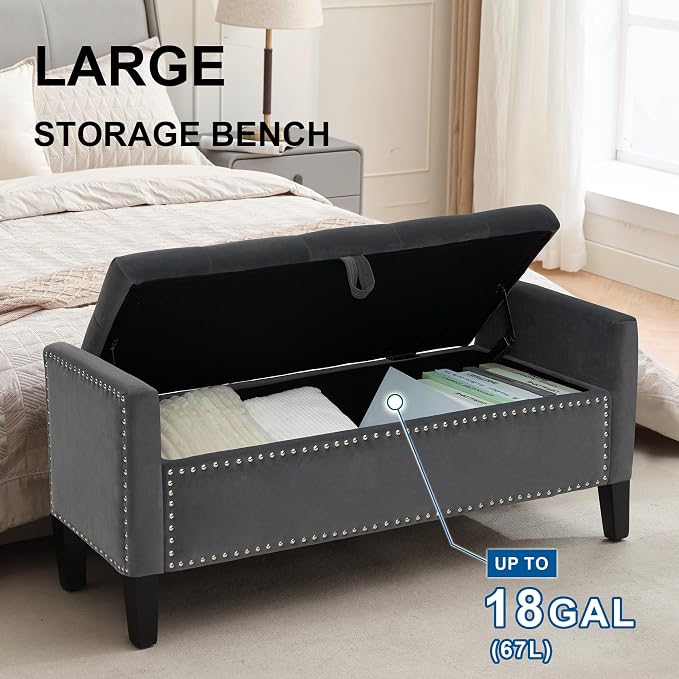 Storage Ottoman Bench, Velvet Upholstered Footstool for Bedroom and Living Room, Frosted Flannel Seat with Storage, Wooden Legs & Metal Rivets, Dark Grey