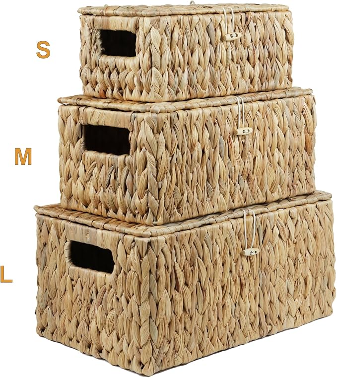 ORDELITE Water Hyacinth Wicker Storage Basket with Lid, Large | Rectangular Storage Box, Shelf Organizer Bin, Woven Home Storage, Multipurpose Design, Natural Decor