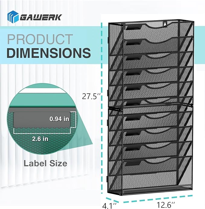 Gawerk 11-Tier Wall File Organizer Hanging Wall File Holder Wall Mount Paper Folder Organize, Mesh Magazine Document Mail Organizer Wall Organizer for Office School Home, Black