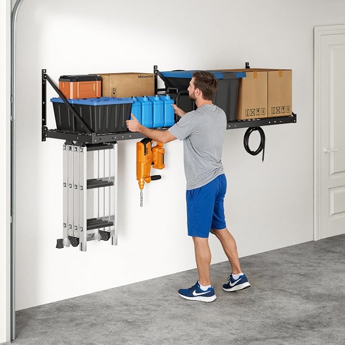 FLEXIMOUNTS 2-Pack 2x4 ft Garage Wall Shelving with 4 Hooks, Black | Brace guardrail, 660 lb capacity, Heavy-duty steel, Wall mounted storage, Garage organization, Pro Series