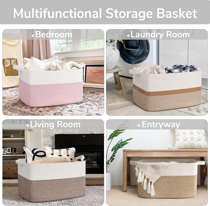 Goodpick Large Woven Blanket Basket, Rectangle Storage, White & Pink | 21.6 x 14.9 x 11.8 in, Reinforced Handles, Nursery & Bedroom Organization, Baby Toys, Blankets & Kids Essentials Storage