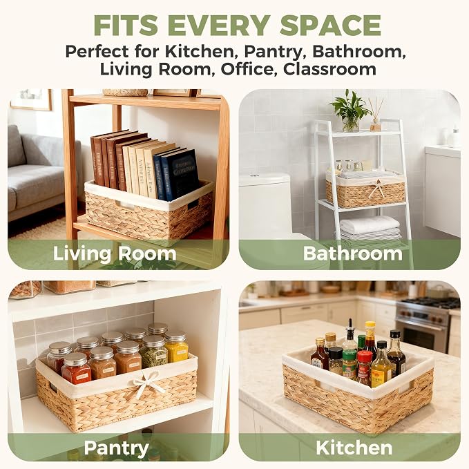 Wicker Shelf Storage Baskets for Organizing - Natural Water Hyacinth Woven Basket Organizers & Storage for Shelves w/Handles & Cotton Liner for Home & Pantry Decor Organization, Large 15” x 12” x 6”