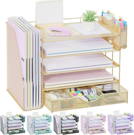 gianotter 5-Tier Desk Organizer with Drawers and File Holders | Letter Trays and Pen Holders - Workspace Accessories for Office Supplies (Gold)