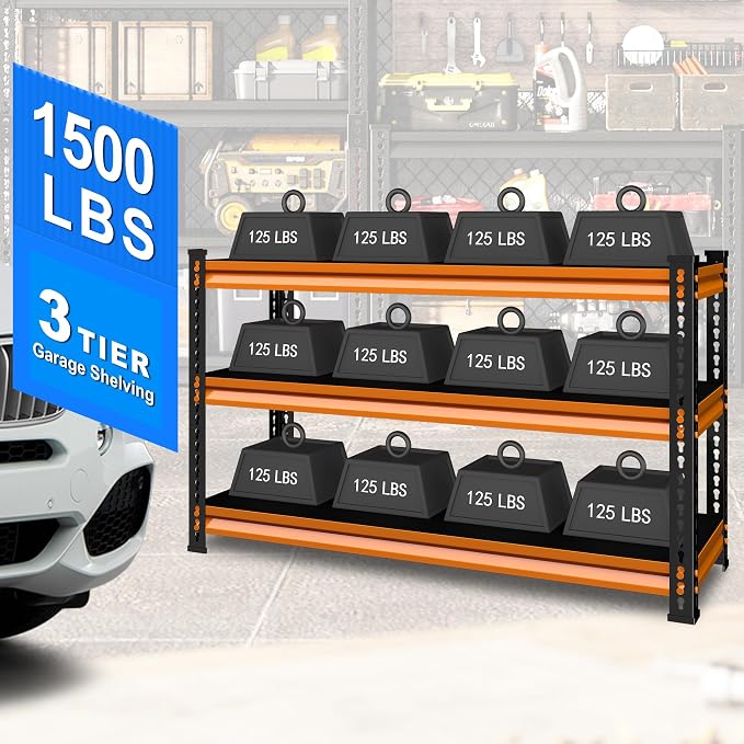 48" W Garage Shelving Heavy Duty, 1500LBS Loads Adjustable Garage Storage Shelves, 3-Tier Metal Shelving Units and Storage Racks, Industrial Utility Shelf,48" Wx18 Dx39 H, Orange