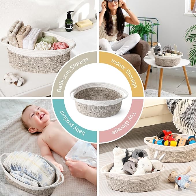 LANDNEOO Small Woven Basket with Gift Bags and Ribbons, Empty Decorative Gift Chest Box, Cute Baby Gift Basket for Nursery, Cotton Rope Room Shelf Storage Basket with Handles, 12"x 8"x 5", Brown