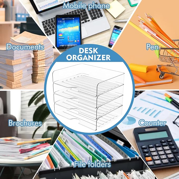 Vivihomety Paper Organizer Letter Tray, 4-Pack Stackable Acrylic, Clear | Stackable, Versatile Desk File Organizer – A4 Paper, Documents, Letters, Books, Bills, iPad – Large Capacity, Home Office