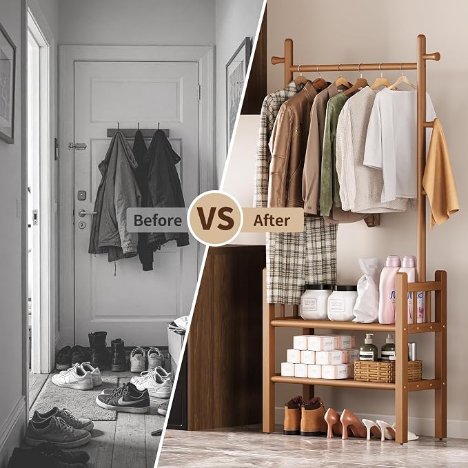 Yoobure Solid Wood Clothing Rack with Shelves - Coat Rack Freestanding with 6 Hooks, 3-in-1 Hall Tree for Hanging Clothes, Tall Garment Racks with Storage for Bedroom, Entryway, Living Room, Closet