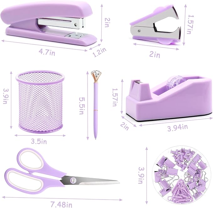 Purple Desk Accessories, Purple Office Supplies, Stapler, Staple Remover, Tape Holder, Pen Holder, Ballpoint Pen, Scissor, Binder Clips, Paper Clips and 1000pcs Staples.