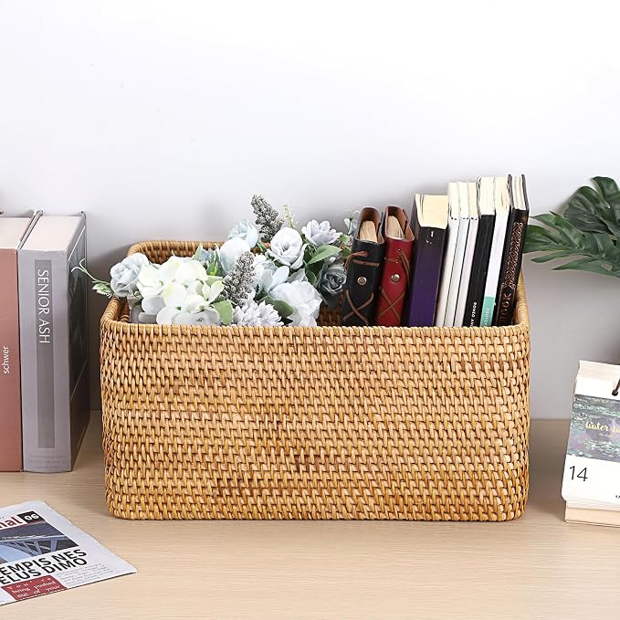 Hipiwe Rattan Wicker Storage Basket for Shelf Organizer, Large 15"x11"x7.1" | Handwoven Decorative Basket Bin with Build-in Handles, Natural Rectanguar Wardrobe Home Organizer