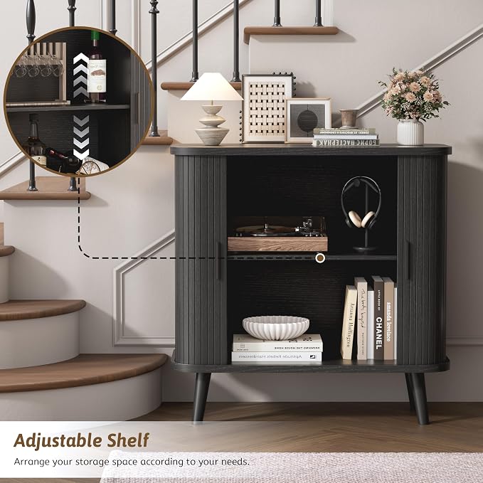 BORNOON Buffet Cabinet with Storage, Curved-Edge Fluted Storage Cabinet Sideboard, Modern Black Sideboard Buffet with Adjustable Shelves & Sliding Door for Dining Room, Kitchen, Entryway