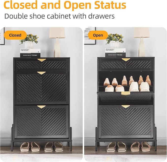 Shoe Cabinet with 2 Flip Drawers, Narrow Entryway Rack, Black | Slanted Wood Grain, Freestanding, Adjustable Compartments, Removable Middle Shelf, Metal Handles, for Hallway Foyer Entrance
