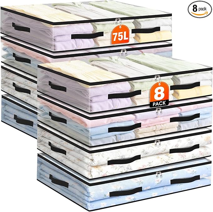 8 Pack Under Bed Storage Bags, 75L Foldable Clear Containers with Handles | Dual Zipper Storage Bins for Comforters, Bedding, Blankets, Closet Organizer for Clothes, Linen Sheets, Sweaters