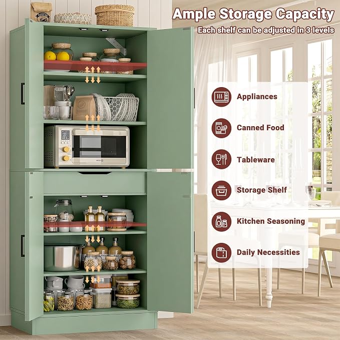 Unikito 71" Tall Kitchen Pantry Storage Cabinet with Farmhouse Barn Doors | Storage Drawer, 4 Adjustable Shelves, Freestanding Cupboard for Dining Room, Living Room, Utility Room, Green
