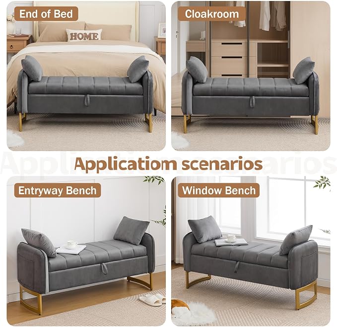 End of Bed Storage Bench, 51'' Velvet Storage Benches for Queen Size Bedroom Foot of Bed, Storage Ottoman Bench with Golden Legs and Pillow for Living Room Window Entryway, Dark Grey
