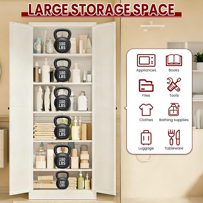 AQY Metal Pantry Cabinet, 72" White Kitchen Storage Cabinet with Doors | 5 Adjustable Shelves • Ventilated Metal Cabinet • Hanging Hooks • Freestanding Kitchen Storage