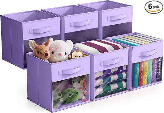 Sorbus 11 Inch Storage Bins with Clear Window - 6 Foldable Baskets for Organizing Clothes, Toys, Books - Sturdy Collapsible Fabric Storage Cubes with Handle - Storage Baskets for Shelves, Closets