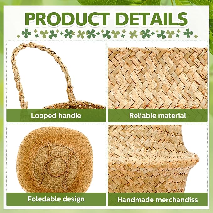 Qunclay 4 Pcs Woven Seagrass Baskets Belly Basket Folding Boho Natural Plant Pot with Handles Round Decorative Wicker Large Indoor Planter for Home Outdoor Tree Planters Decor (L,13''dx11''h)