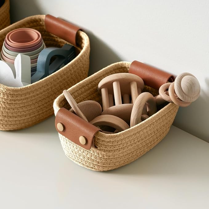 Beautiful Storage Basket Set of 5 - Sturdy Jute Rope Baskets for Shelves Are Perfect for Organizing Your Home - Quality Storage Bins Easily Fit With Any Nursery or Bedroom Decor