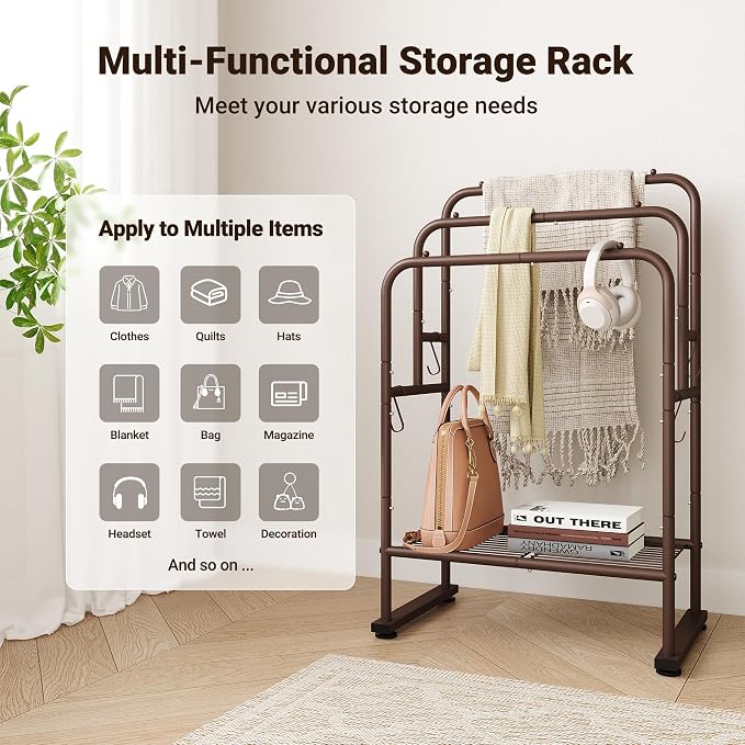 ELYKEN 40" H Freestanding Towel Rack with Shelf, 3 Tier Towel Stand, Bronze | Metal Drying Rack for Oversized Bath Towels & Blankets, 4 Hooks, Indoor & Outdoor Use, Fits Bathroom, Tub, Shower, Poolside