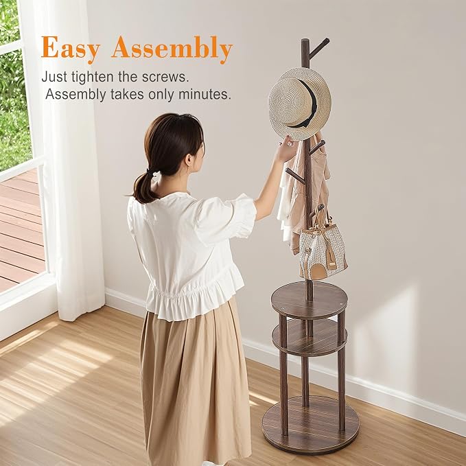 VECELO Coat Rack Freestanding, Entryway Hanger Stand, Umbrella Holder, Hall Tree With Hooks, Floor Standing Tree Stand,Walnut