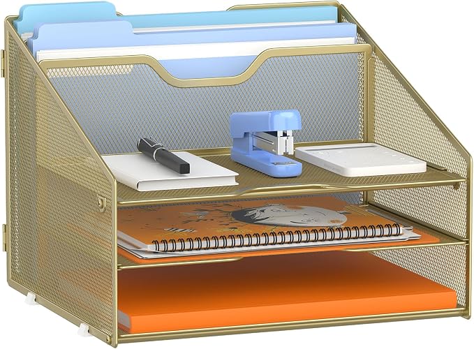 GAWERK Letter Tray Organizer, Mesh Desk File Organizer with 3 Paper Trays and 2 Vertical Upright Section (Gold)