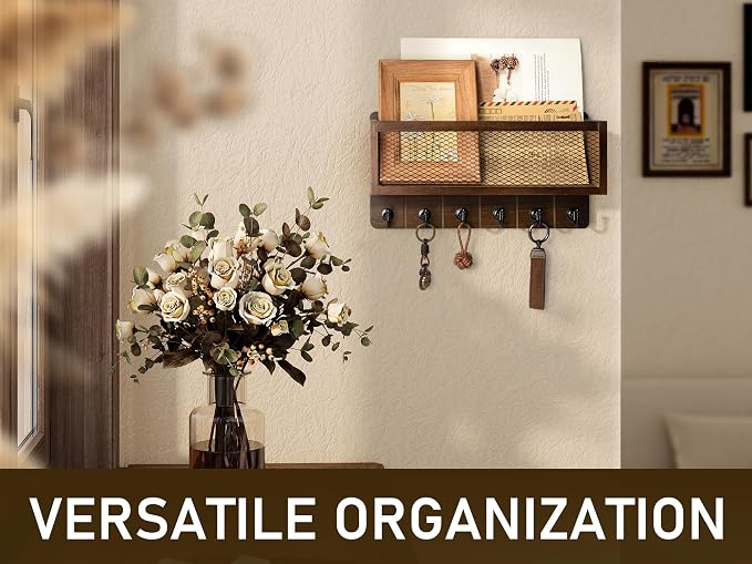 Rebee Vision Key Holder Wall Mount with 6 Hooks for Entryway, Retro Brown | Key Holder for Wall, Mesh Storage Basket, Solid Wood Key Rack, Letter Storage, Mail Organizer, Space-Saving Home Organizer