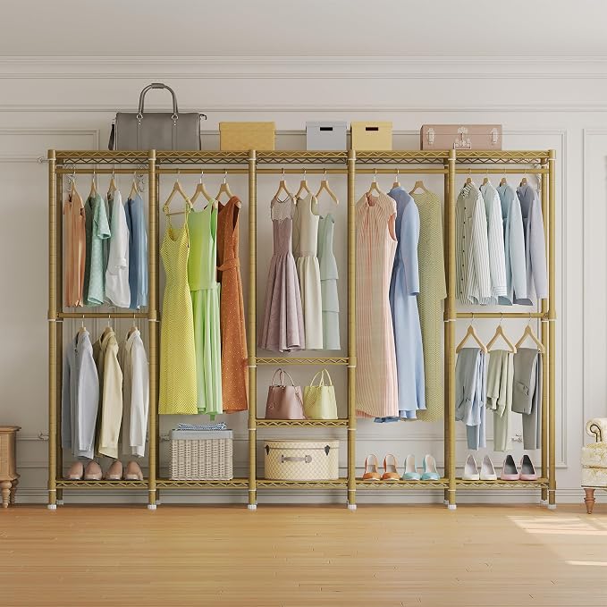 Higeego H5 Heavy Duty Clothes Rack, Freestanding Clothing Rack, Gold | 93.3"Wx15.7"Dx75.4"H, Large Garment Rack, Freestanding Clost Rack for hanging clothes, with Adjustable Shelf, Load 1400 lbs