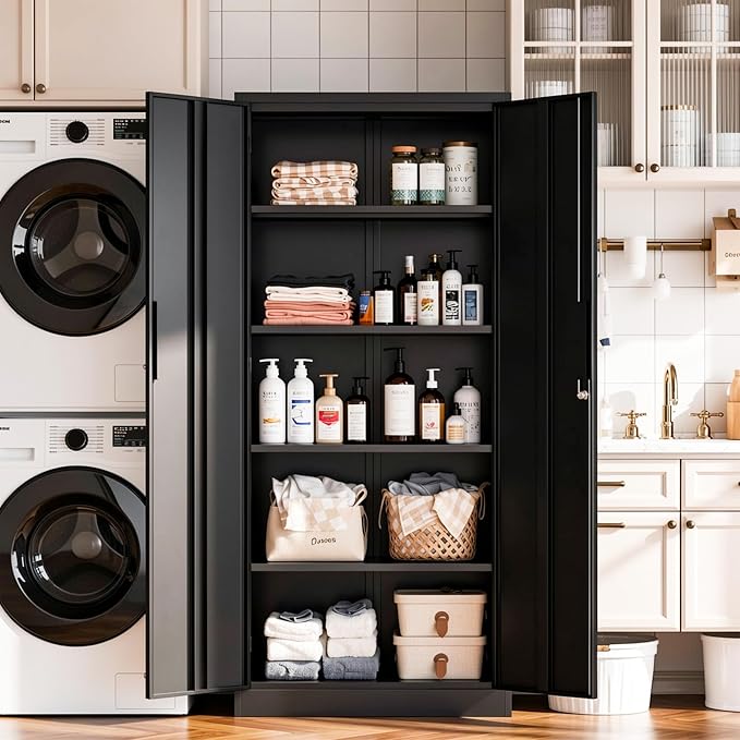 AQY Kitchen Pantry Cabinet,73" Black Pantry Storage Cabinet with 4 Tier Adjustable Shelves and 2 Doors,Freestanding Cupboard,Metal Pantry Cabinets with Handle for Living Room Kitchen Assembly Required