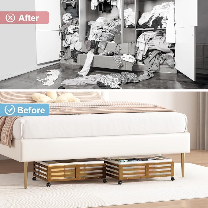 Under Bed Storage with Wheels-Large Bamboo Underbed storage Containers with Large Dust Bag Stackable Under the Bed Shoe Storage Bins for Clothes Books Bedding (2 Packs walnut, 23.62"L×16.54"W× 6.51"H)